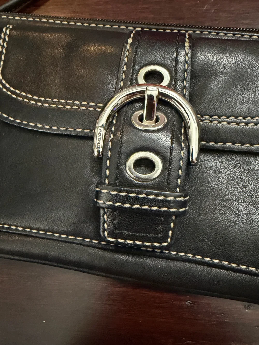 Coach Black Leather Wristlet with Silver Buckle Accent